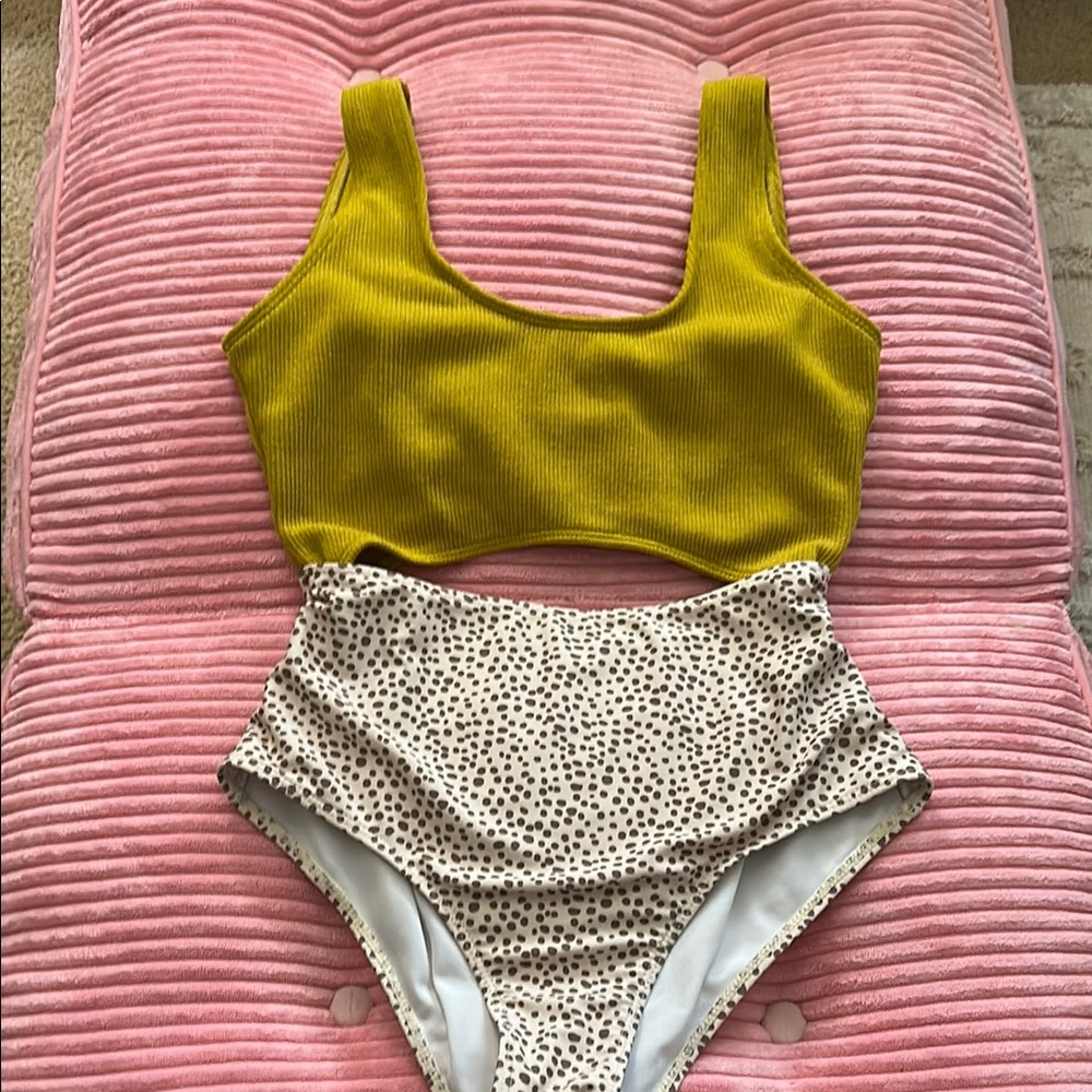 Yellow Ribbed Bikini Top and Polka Dot High-Waisted Bottoms